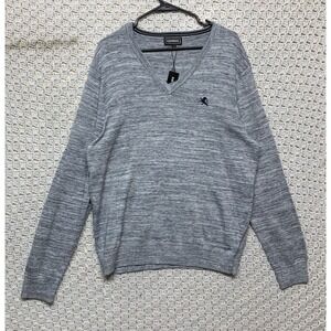 NWT Express Knit Sweater Pullover Mens Sz L Gray With Logo‎ V Neck Long Sleeve